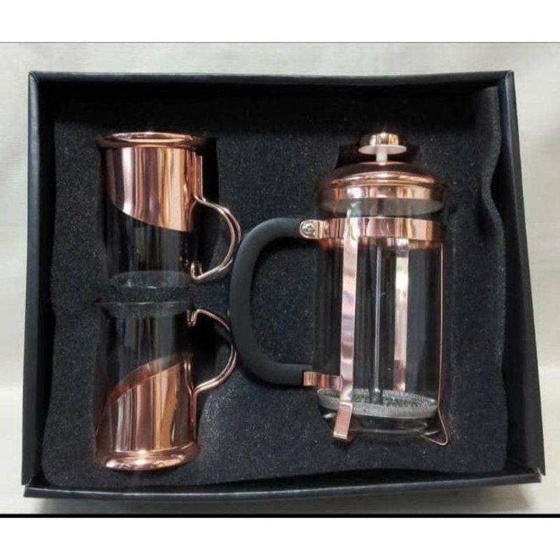 GENERICO - Cafetera Francesa con 2 tazas de vidrio bañado en cobre
