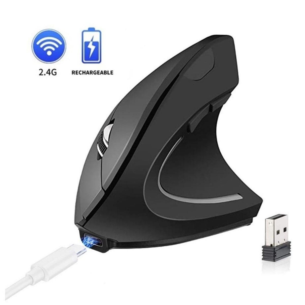 OEM - Mouse Vertical Recargable Ergonomico USB Inalambrico GAMER- NEGRO MATE