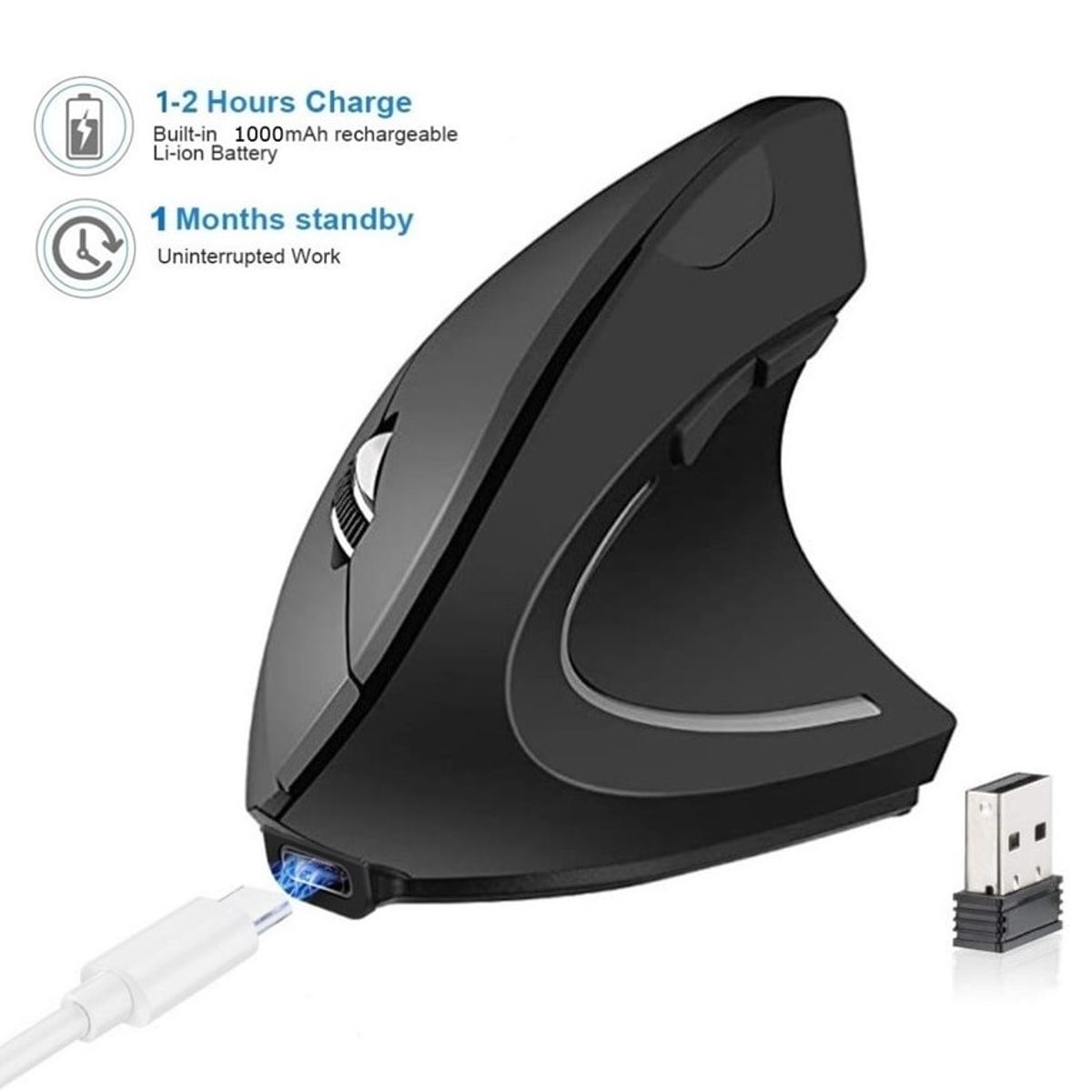 OEM - Mouse Vertical Recargable Ergonomico USB Inalambrico GAMER- NEGRO MATE