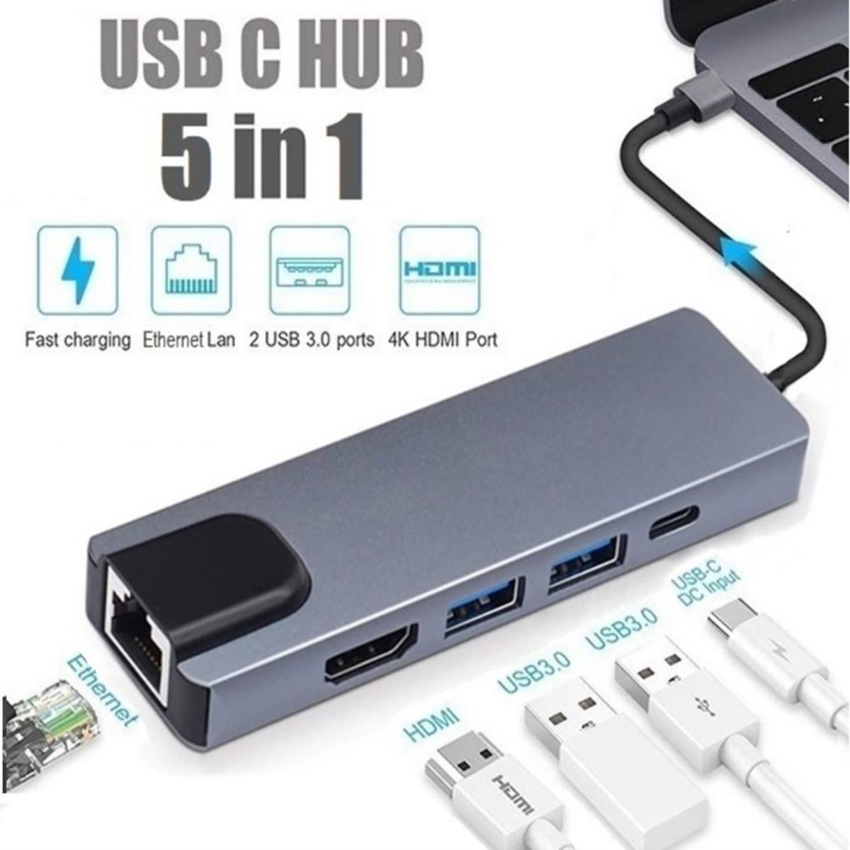 OEM - Adaptador Hub 5 en 1 Tipo C 4K HDMI Puertos USB 3,0 /RJ45 /PD Carga