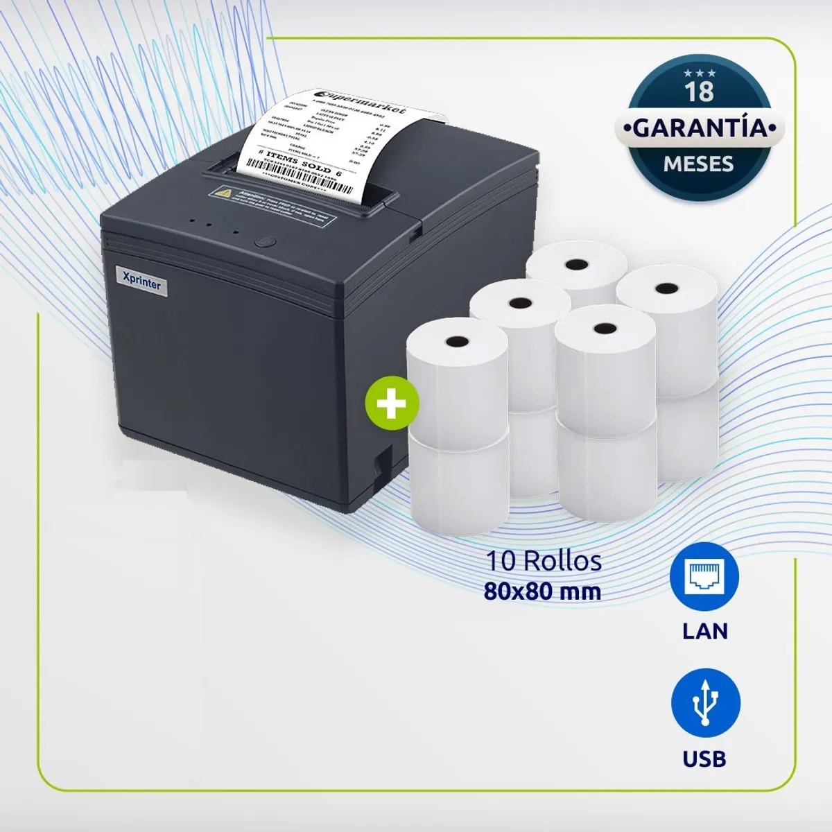 JPSYSTEMS - Impresora ticketera térmica ticket 80mm USB LAN Xprinter E200L + 10 rollos 80x80mm 75 metros