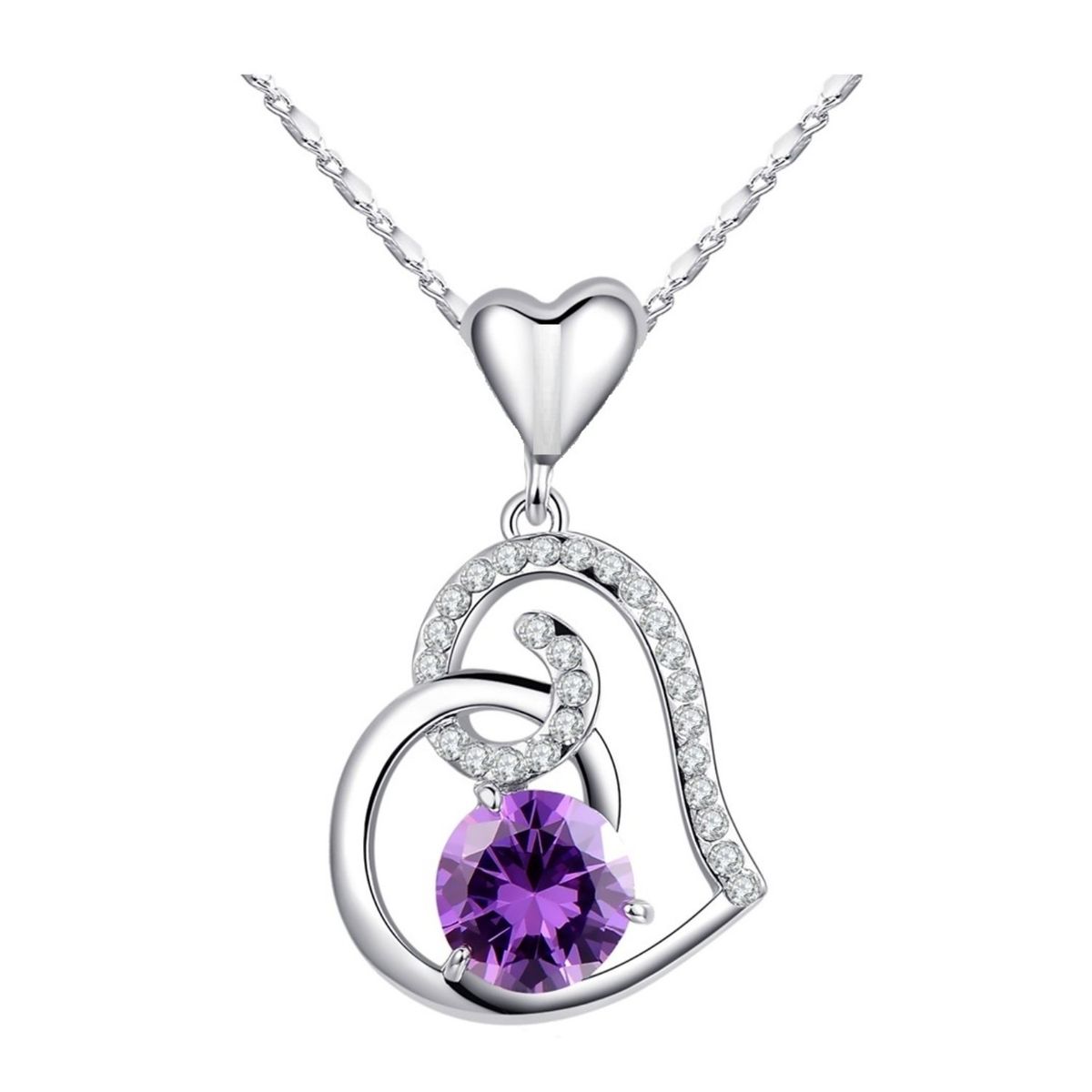 LUCYANA JOYAS Y ACCESORIOS - Collar para Mujer de Corazón Cristal Violeta Bañado en Oro Blanco 18K