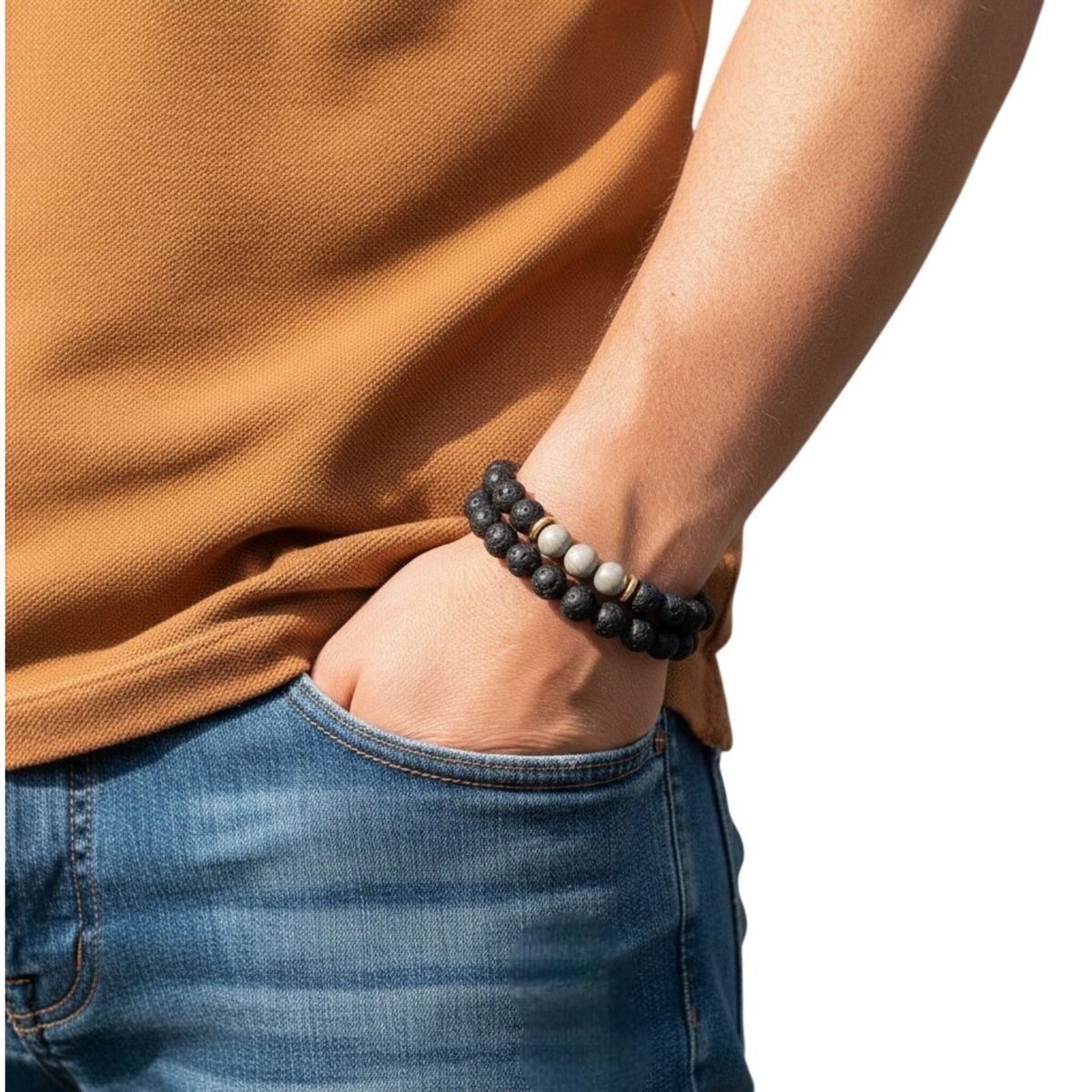 LUCYANA JOYAS Y ACCESORIOS - Juego de Pulsera para Hombre con Piedra Volcánica o Lava y Jaspe