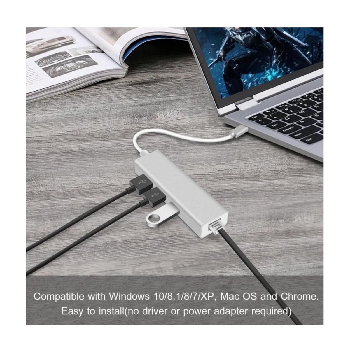 OEM - Adaptador de Red Tipo C a Rj45 + 3 Puertos USB Windows Mac - ALUMINIO