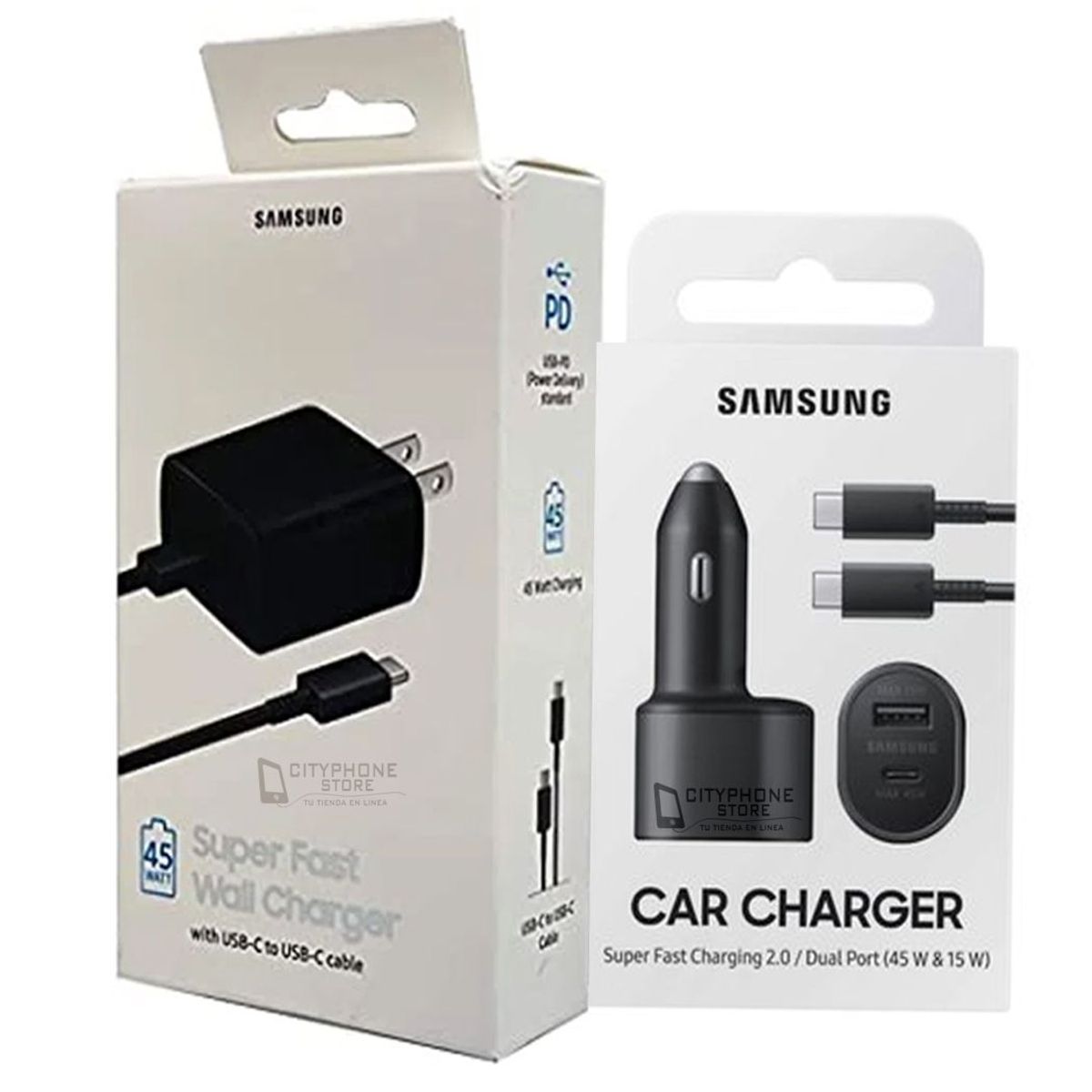 SAMSUNG - Cargador 45W  Cargador Auto 45W Samsung 2en1 Negro