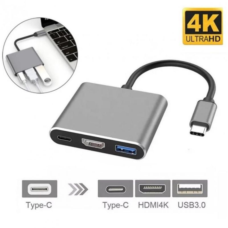 OEM - Convertidor 3 en 1 Tipo C a HDMI 4K/ USB 3.0/ Tipo C Multipuerto Metal