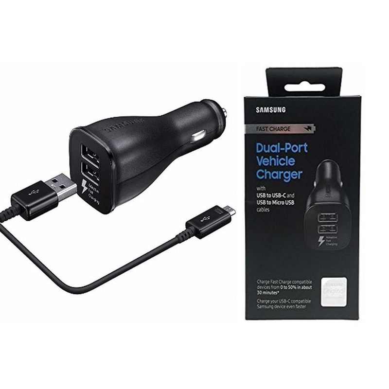 SAMSUNG - Cargador De Auto Carga Rápida Samsung 15W 2 Cables Tipo-C, V8 Negro