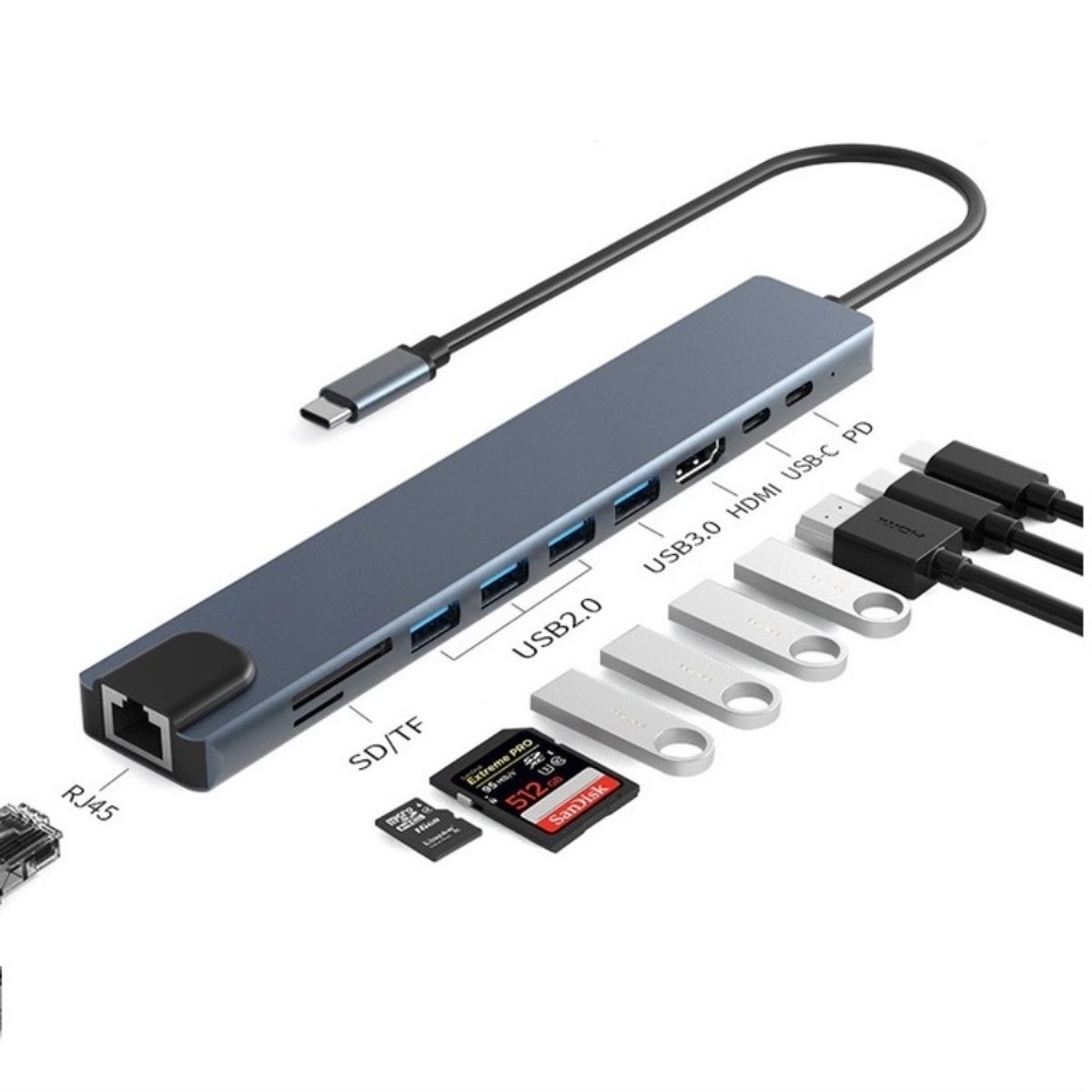 OEM - Adaptador Hub 10 en 1 Tipo C  HDMI /RJ45 /USB 3,0 /Tarjeta SD -TF/ 87W