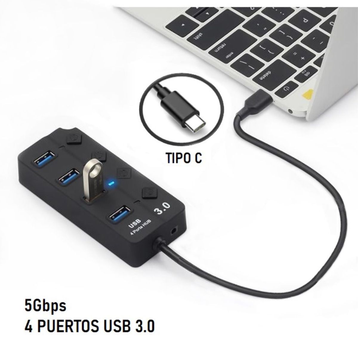 OEM - HUB Tipo C de 4 Puertos USB 3.0 con Interruptor individual 5Gbps