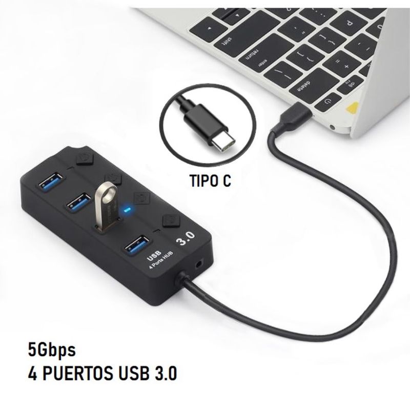 OEM - HUB Tipo C de 4 Puertos USB 3.0 con Interruptor individual 5Gbps