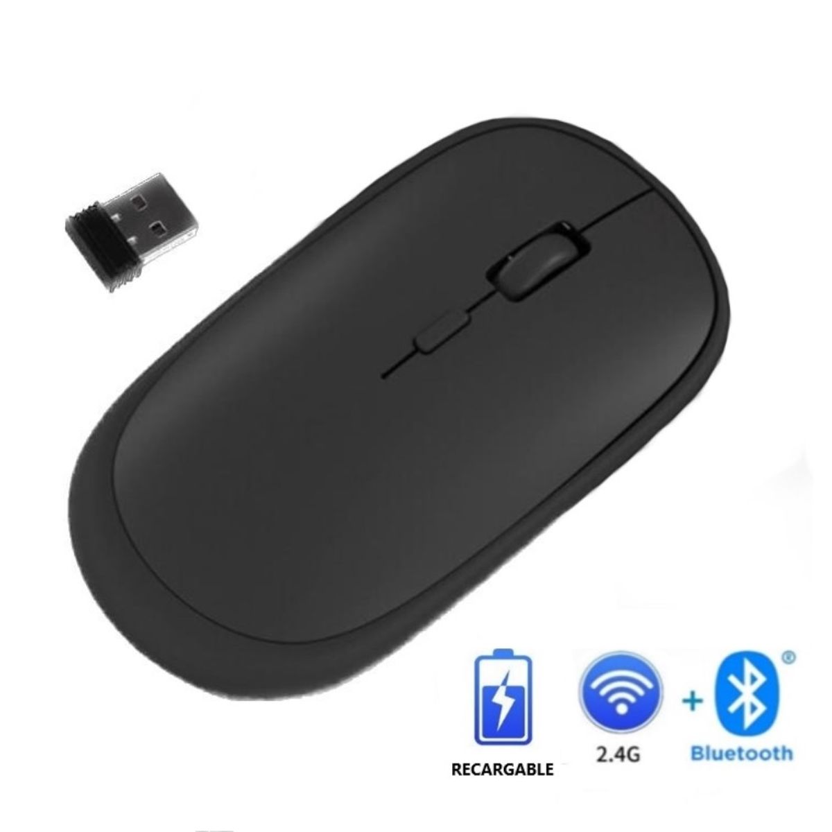 OEM - Mouse Recargable Dual Bluetooth + Wireless 2.4 GHz SLIM - NEGRO MATE
