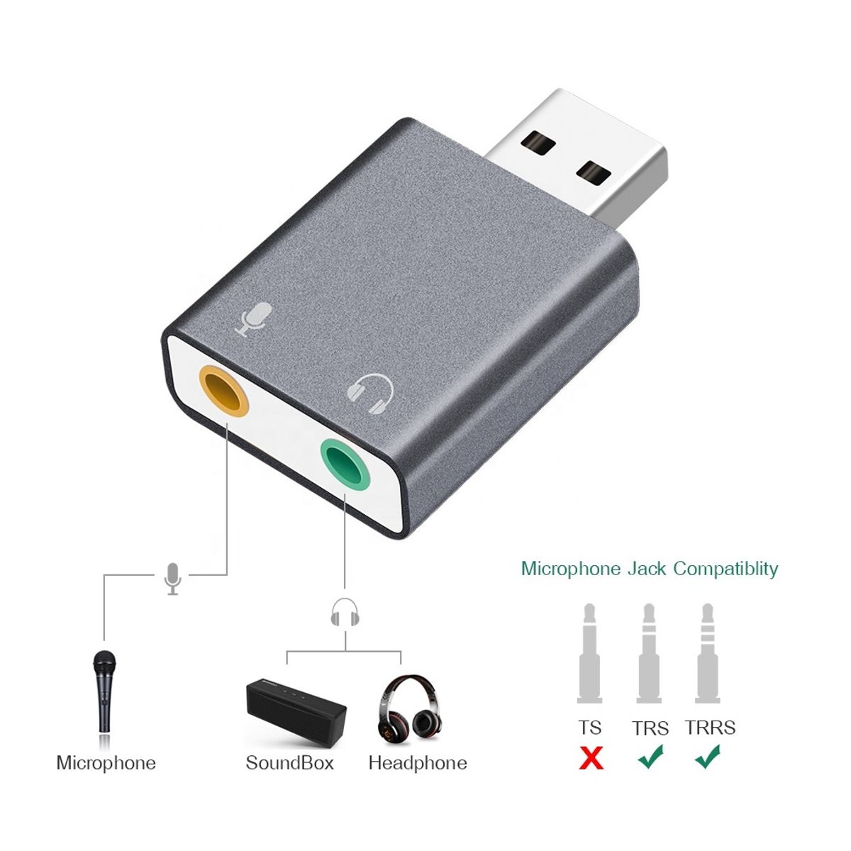 OEM - Adaptador de Audio y Microfono USB Tarjeta de sonido estereo- ALUMINIO