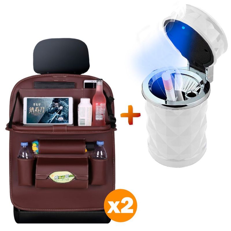 GENERICO - Organizador Asiento Auto Cuero MR X2 Y Cenicero Luz T12 BL
