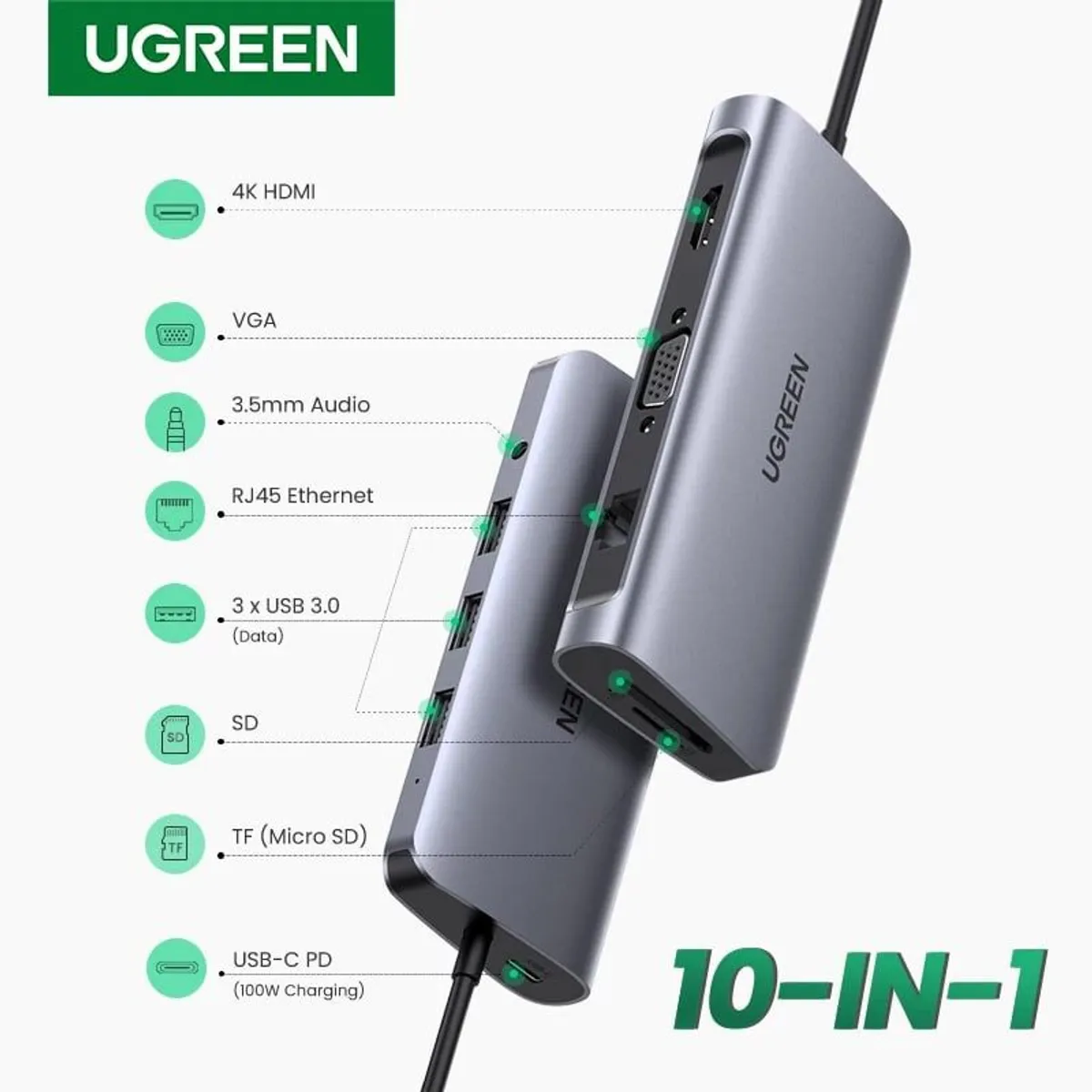 UGREEN - Adaptador Hub Usb C 10 En 1  Ugreen