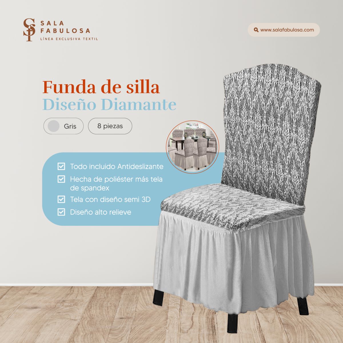 SALA FABULOSA - Funda de silla 8 piezas Sala fabulosa - Gris - Alto relieve diamante