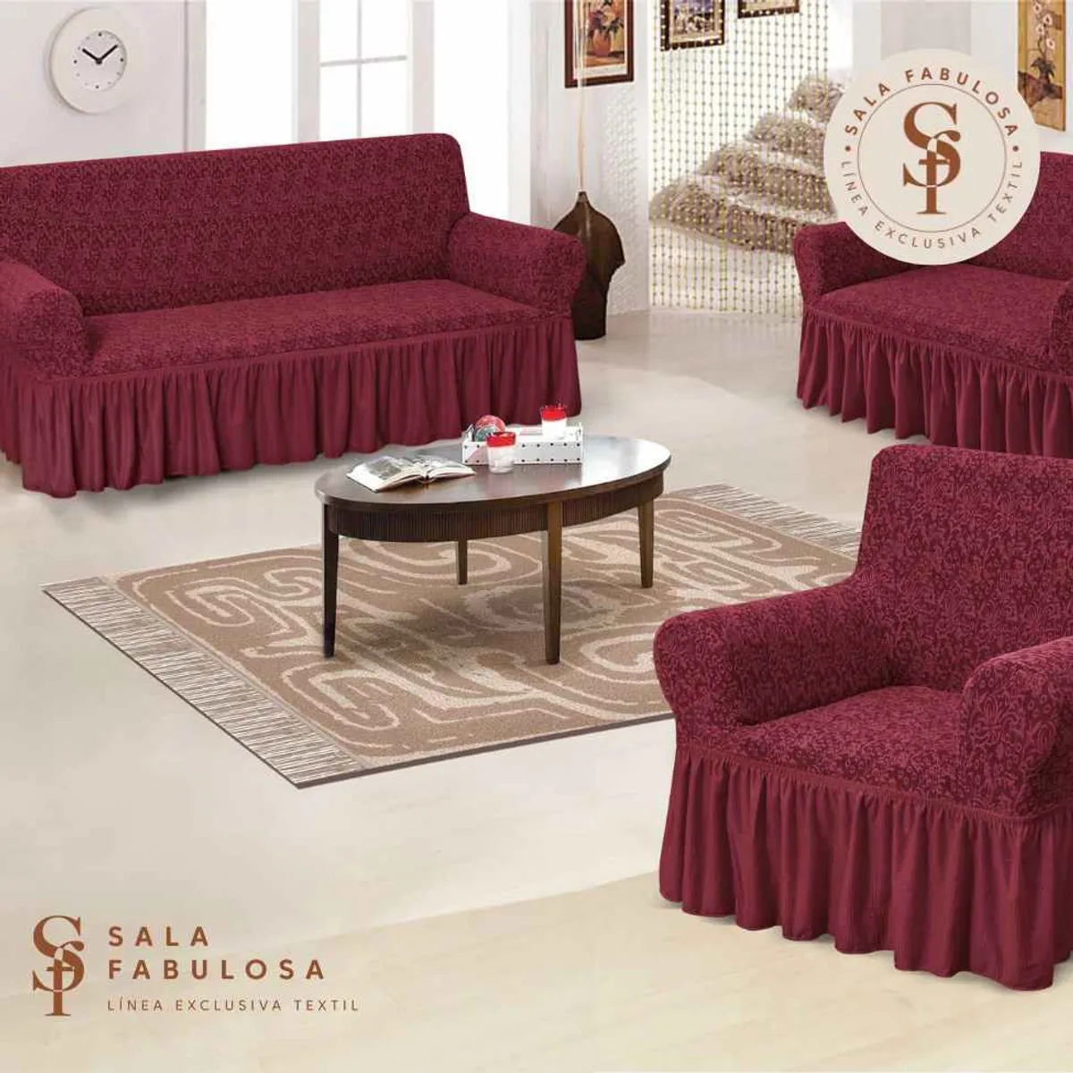 SALA FABULOSA - Funda de mueble 3-2-1 asientos Sala fabulosa-Guinda-Relieve espiral