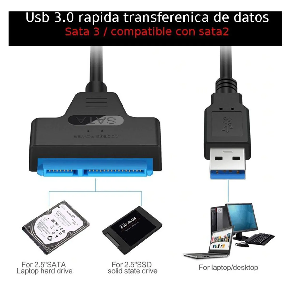 GENERICO - Cable adaptador ssd usb disco duro 3.0 sata a usb Lector Disco Duro