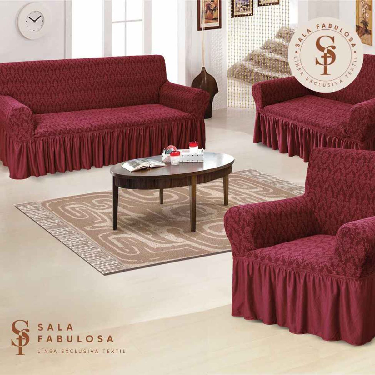 SALA FABULOSA - Funda de mueble 3-2-1 asientos Sala fabulosa-Guinda-Relieve diamante