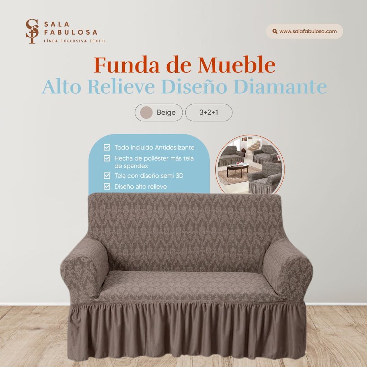 SALA FABULOSA - Funda de mueble 3-2-1 asientos Sala fabulosa-Beige-Relieve diamante