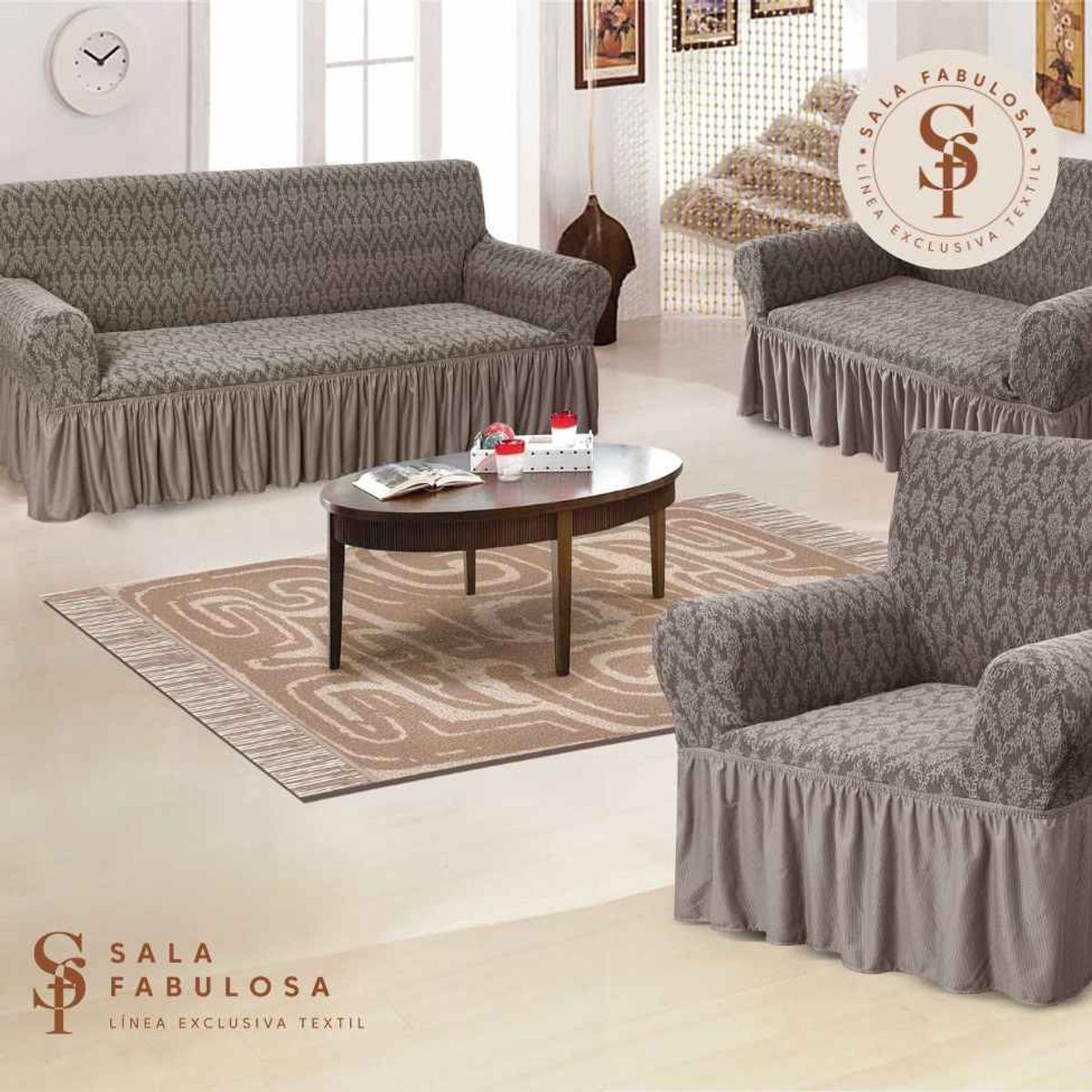 SALA FABULOSA - Funda de mueble 3-2-1 asientos Sala fabulosa-Beige-Relieve diamante