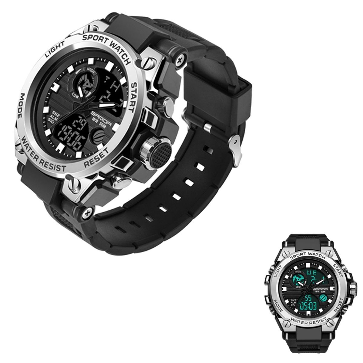 SANDA - RELOJ HOMBRE DEPORTIVO ANALÓGICO DIGITAL NEGRO PLATEADO PL39