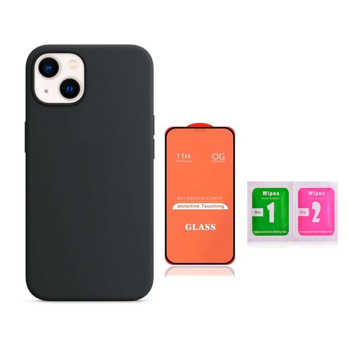 GENERICO - Case Silicona Con P/Cámara Iphone 13  Negro + Mica De Vidrio Completo