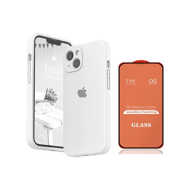 GENERICO - Case Silicona Con P/Cámara Iphone 13  Blanco + Mica De Vidrio Completo