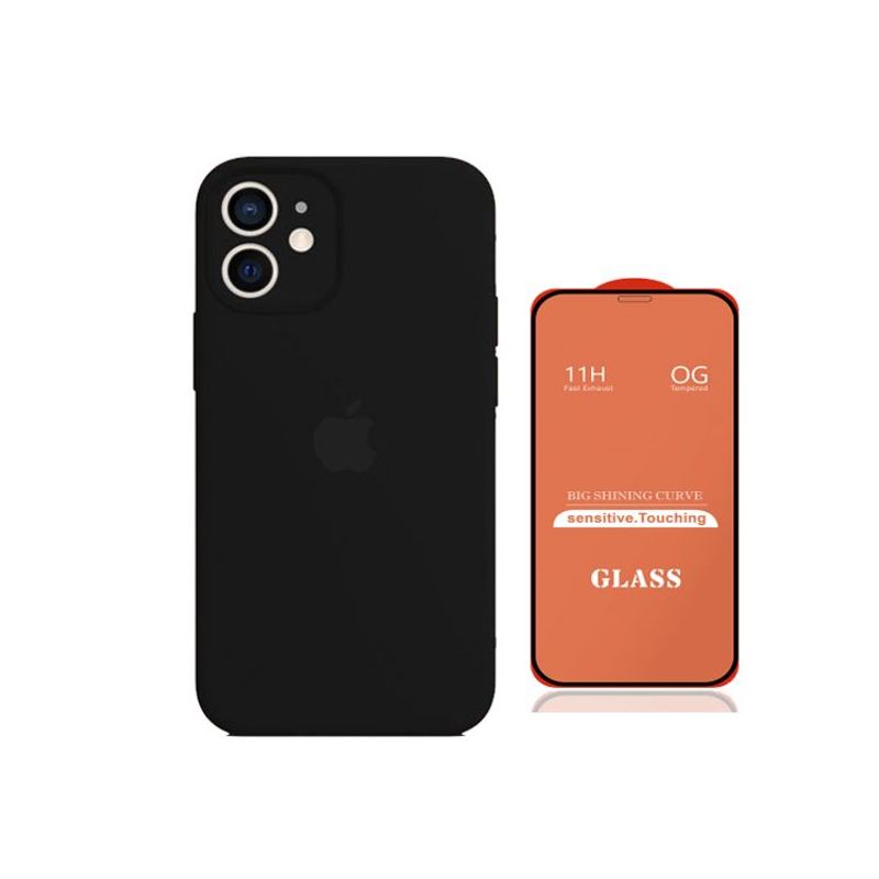 GENERICO - Case Silicona Con P/Cámara Iphone 11 Negro + Mica De Vidrio Completo