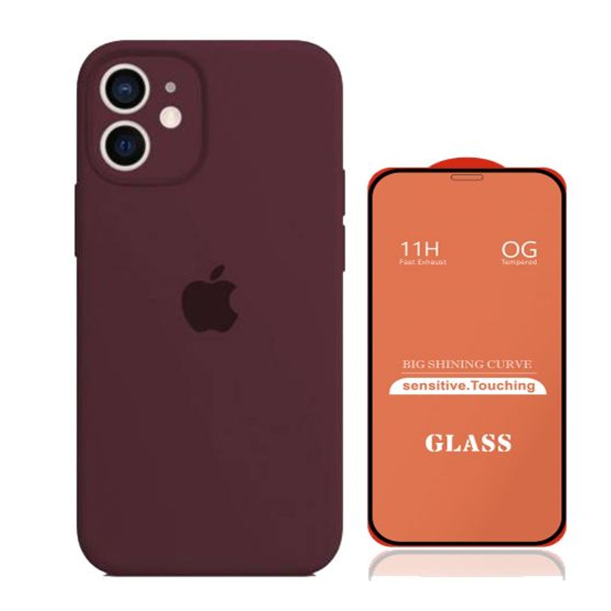 GENERICO - Case Silicona Con P/Cámara Iphone 11 Guinda + Mica De Vidrio Completo