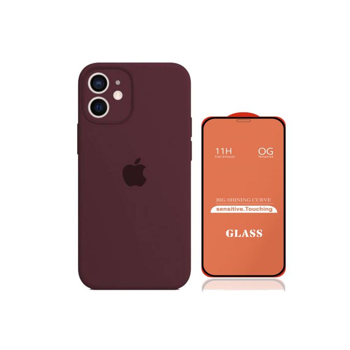 GENERICO - Case Silicona Con P/Cámara Iphone 11 Guinda + Mica De Vidrio Completo