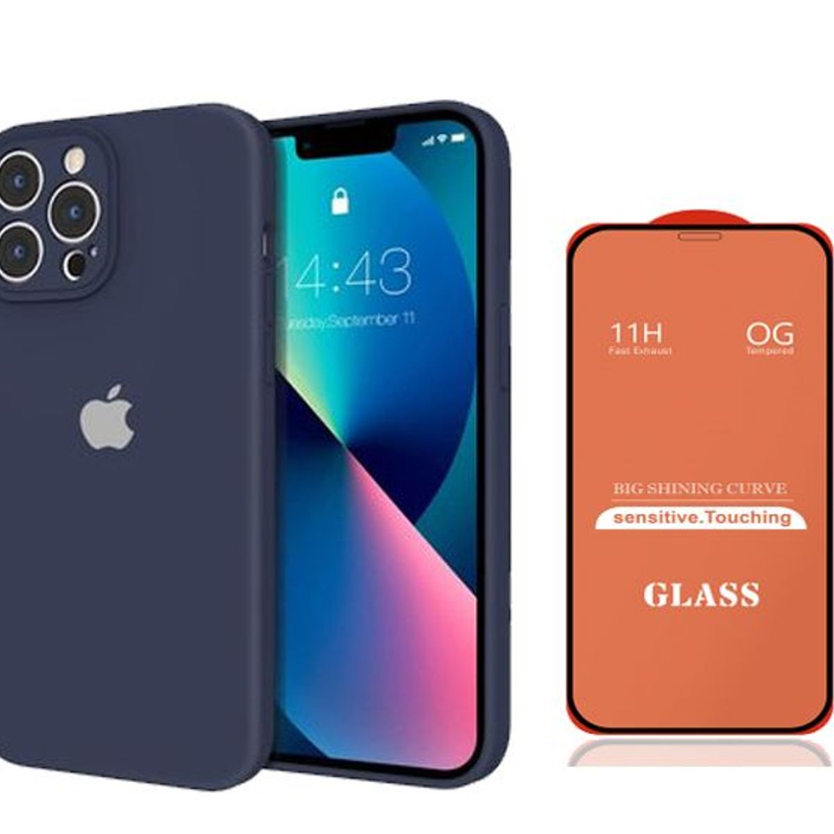 GENERICO - Case Silicona Con P/Cámara Iphone 13 Pro  Azul + Mica De Vidrio Completo