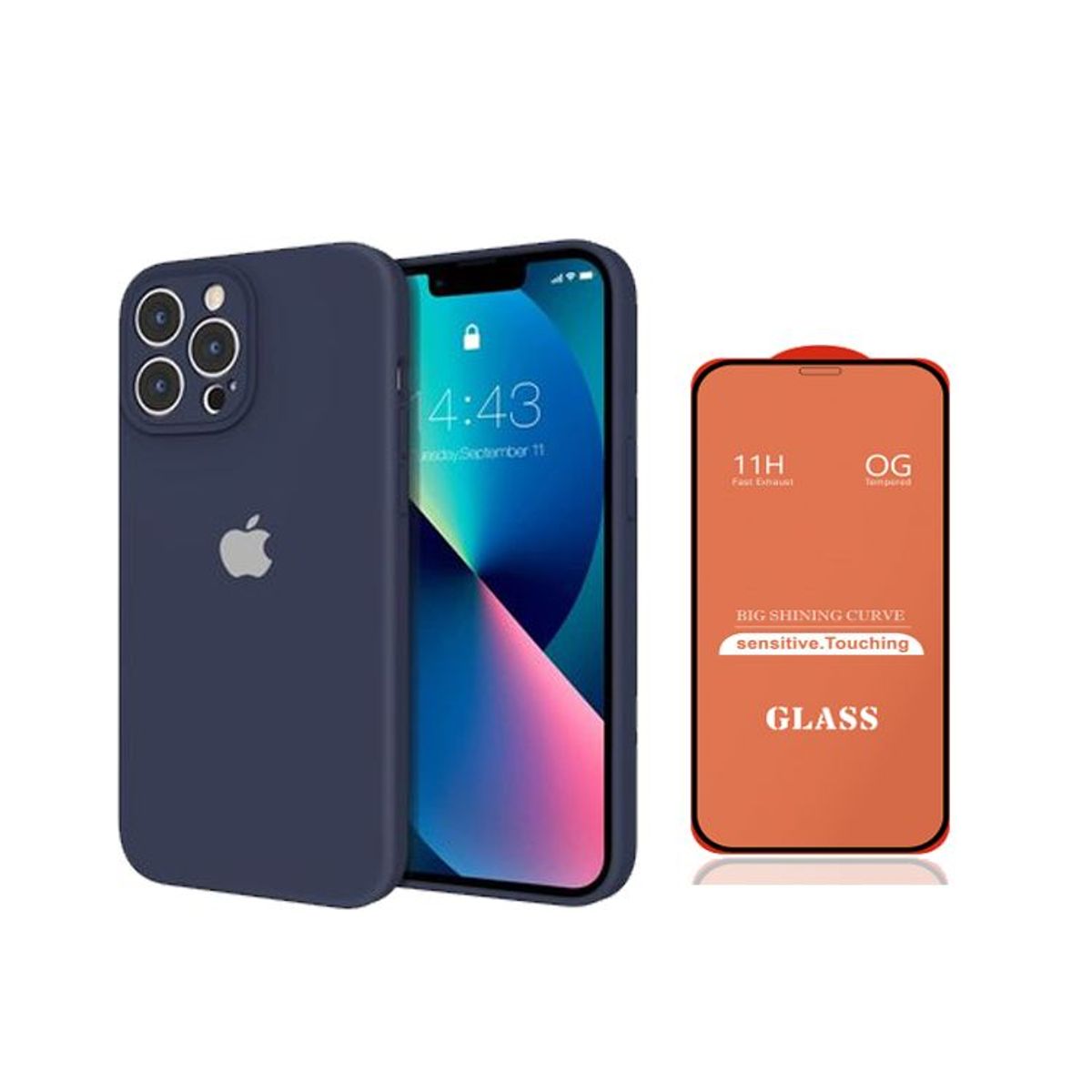 GENERICO - Case Silicona Con P/Cámara Iphone 13 Pro  Azul + Mica De Vidrio Completo