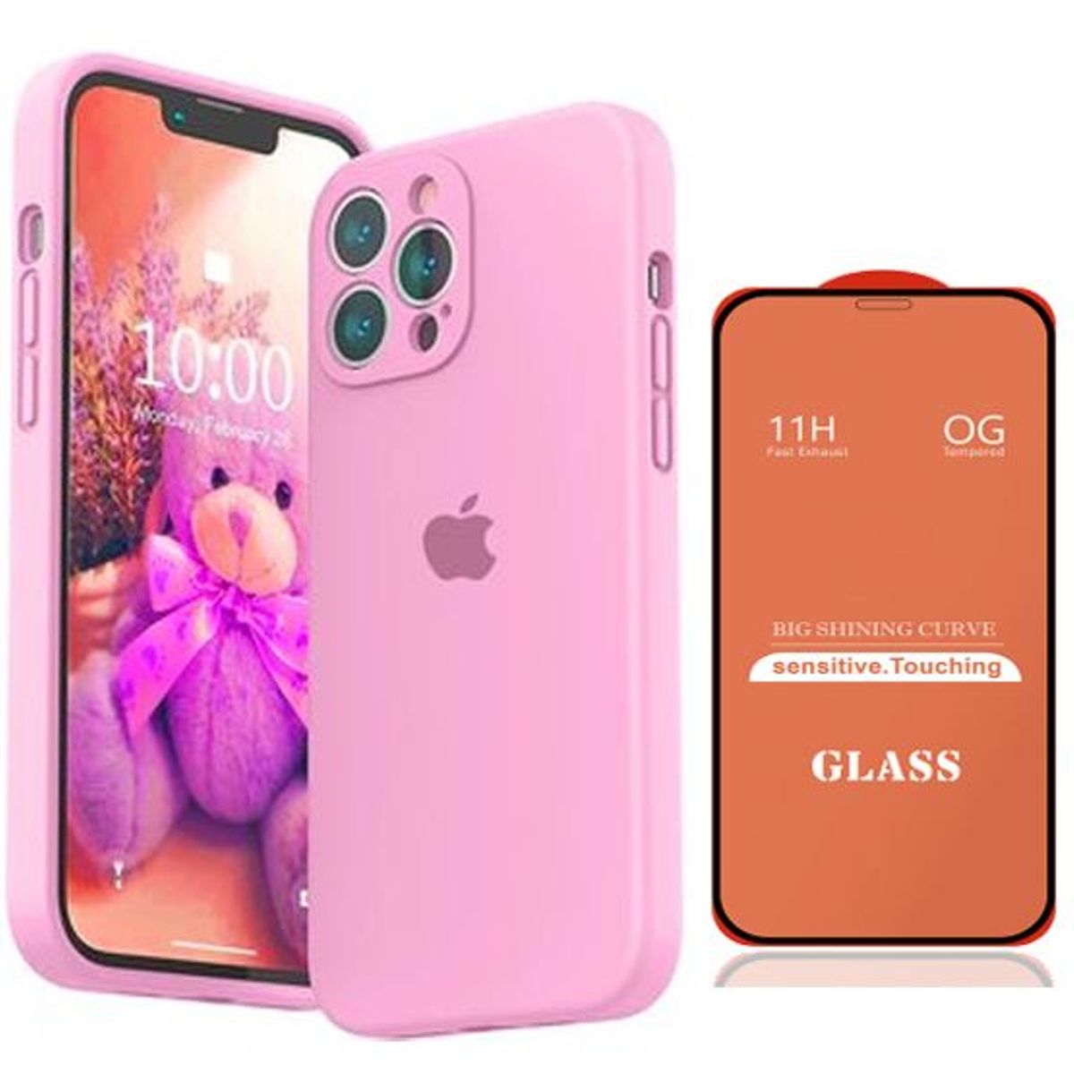 GENERICO - Case Silicona Con P/Cámara Iphone 13 Pro  Rosa + Mica De Vidrio Completo