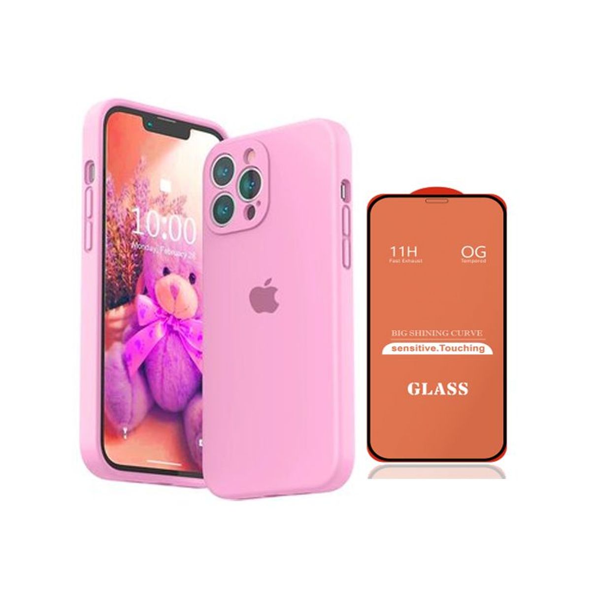 GENERICO - Case Silicona Con P/Cámara Iphone 13 Pro  Rosa + Mica De Vidrio Completo