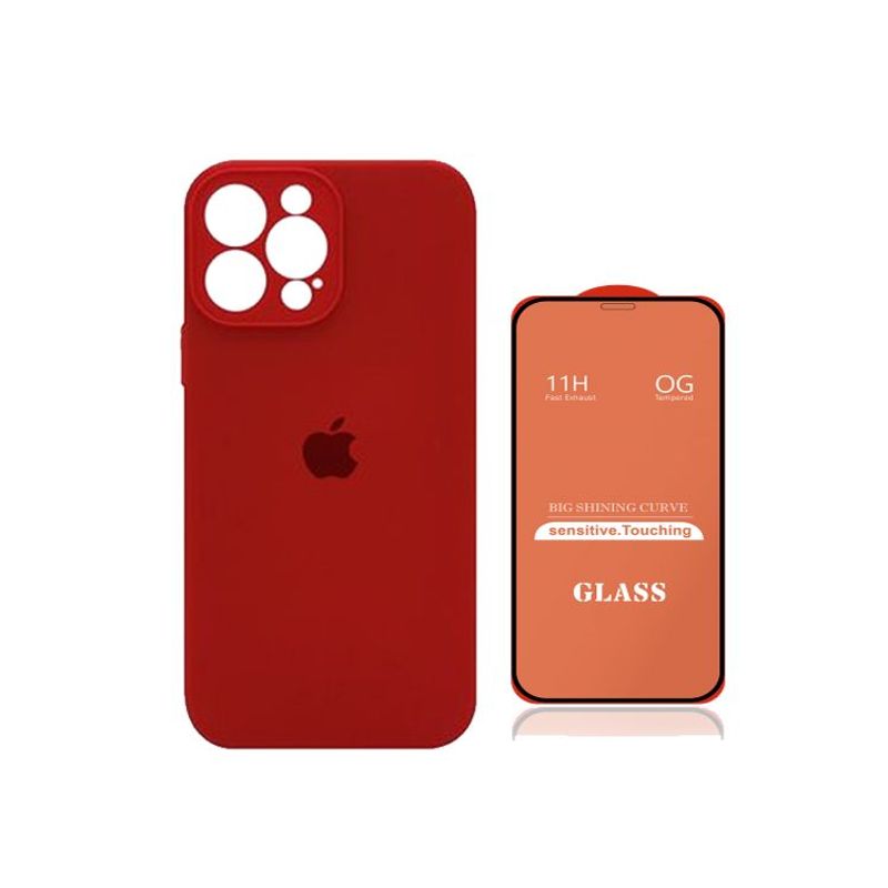 GENERICO - Case Silicona Con P/Cámara Iphone 13 Pro  Rojo + Mica De Vidrio Completo