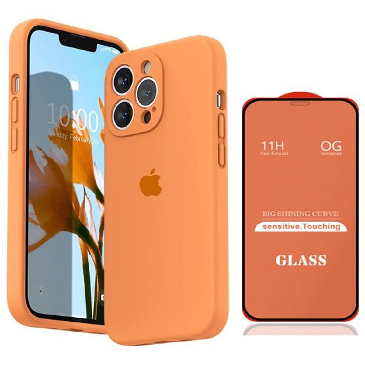 GENERICO - Case Silicona Con P/Cámara Iphone 13 Pro  Naranja + Mica De Vidrio Completo