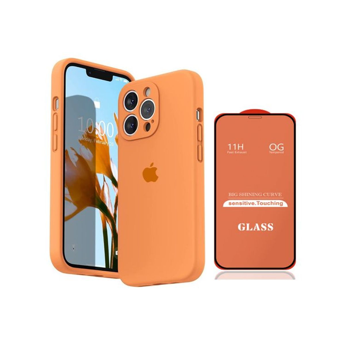 GENERICO - Case Silicona Con P/Cámara Iphone 13 Pro  Naranja + Mica De Vidrio Completo
