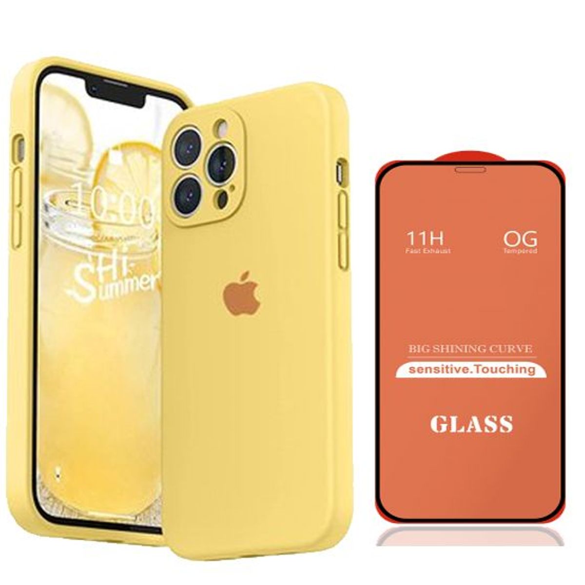 GENERICO - Case Silicona Con P/Cámara Iphone 13 Pro Max  Amarillo + Mica De Vidrio Completo