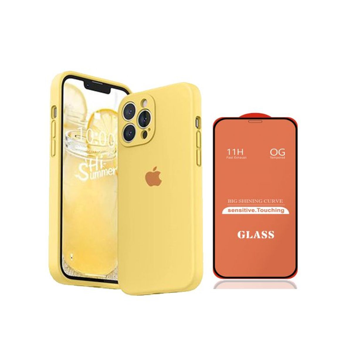 GENERICO - Case Silicona Con P/Cámara Iphone 13 Pro Max  Amarillo + Mica De Vidrio Completo