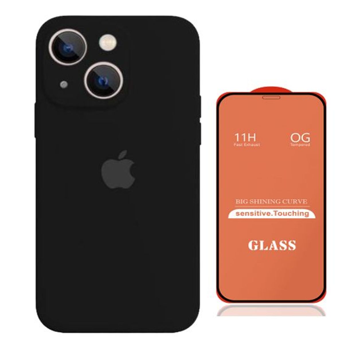 GENERICO - Case Silicona Con P/Cámara Iphone 13  Negro + Mica De Vidrio Completo