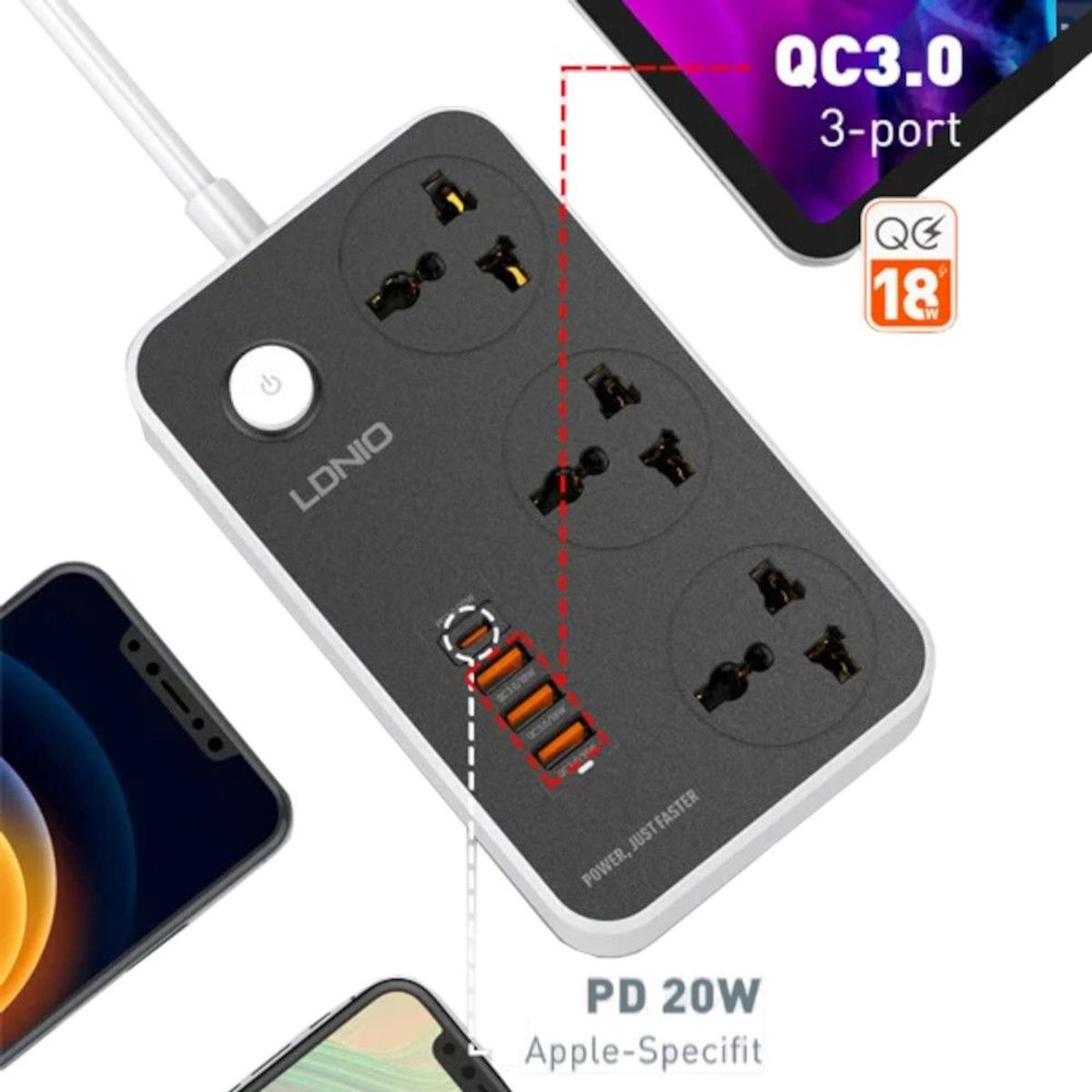 LDNIO - Supresor De Picos Extensión LDNIO 3 Tomas Universales 3 USB-A y 1USB-C