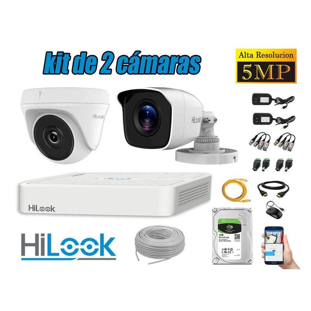 HILOOK - CÁMARAS DE SEGURIDAD KIT 2  5MP + DISCO 1TB COMPLETO P2P