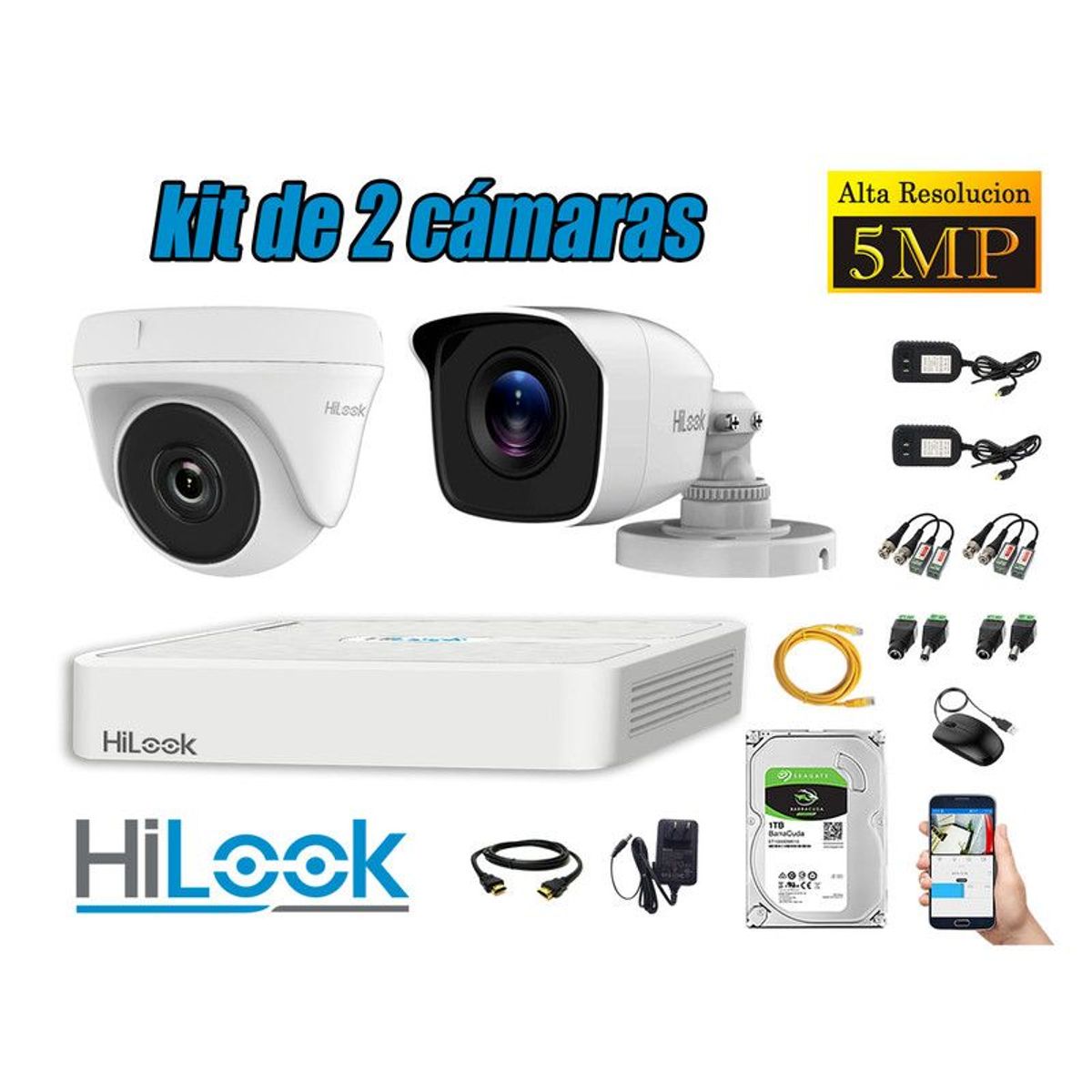 HILOOK - CÁMARAS DE SEGURIDAD KIT 2  5MP + DISCO 1TB HDMI P2P