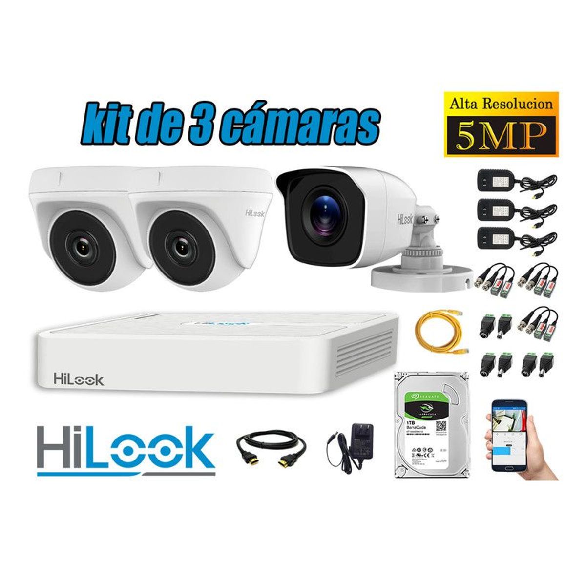 HILOOK - CÁMARAS DE SEGURIDAD KIT 3  5MP + DISCO 1TB HDMI P2P