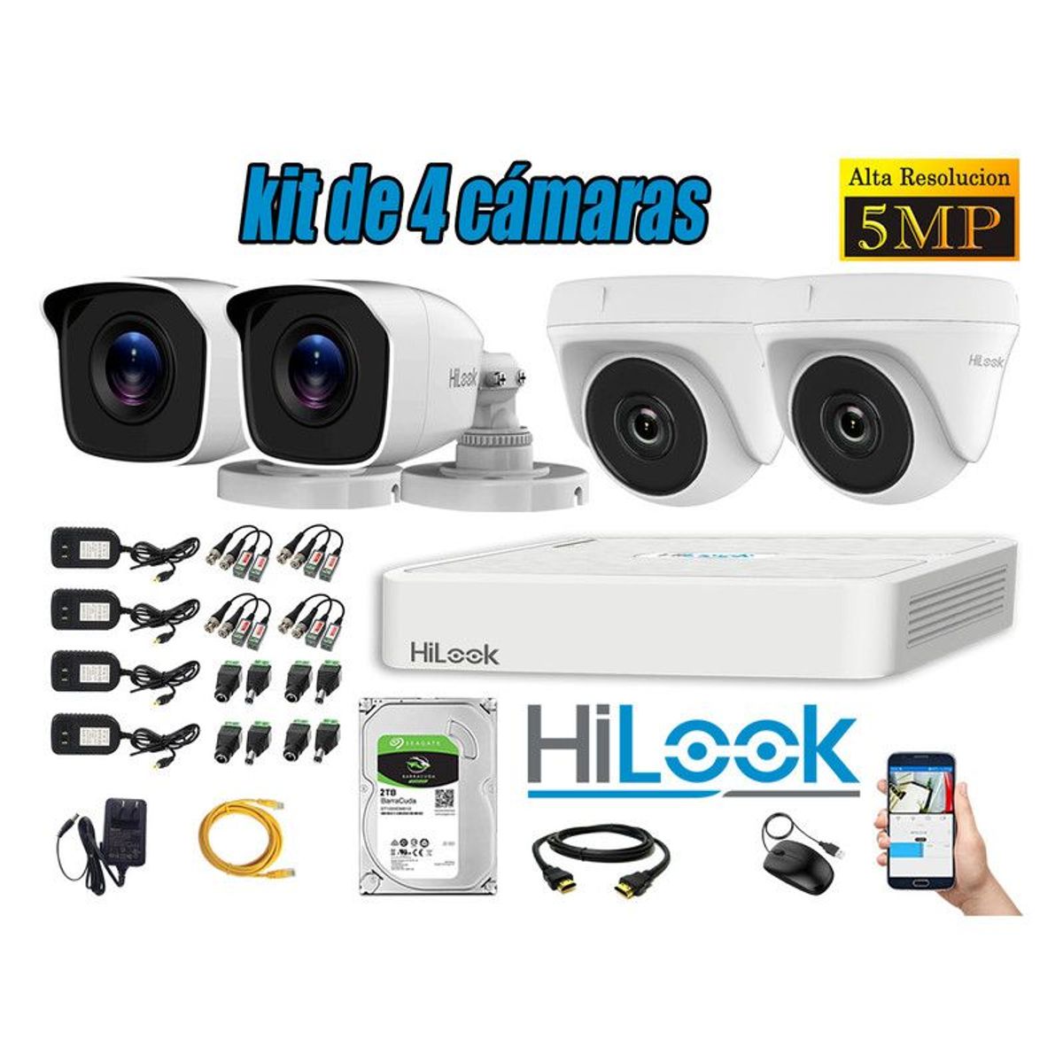 HILOOK - CÁMARAS DE SEGURIDAD KIT 4  5MP + DISCO 2TB HDMI P2P