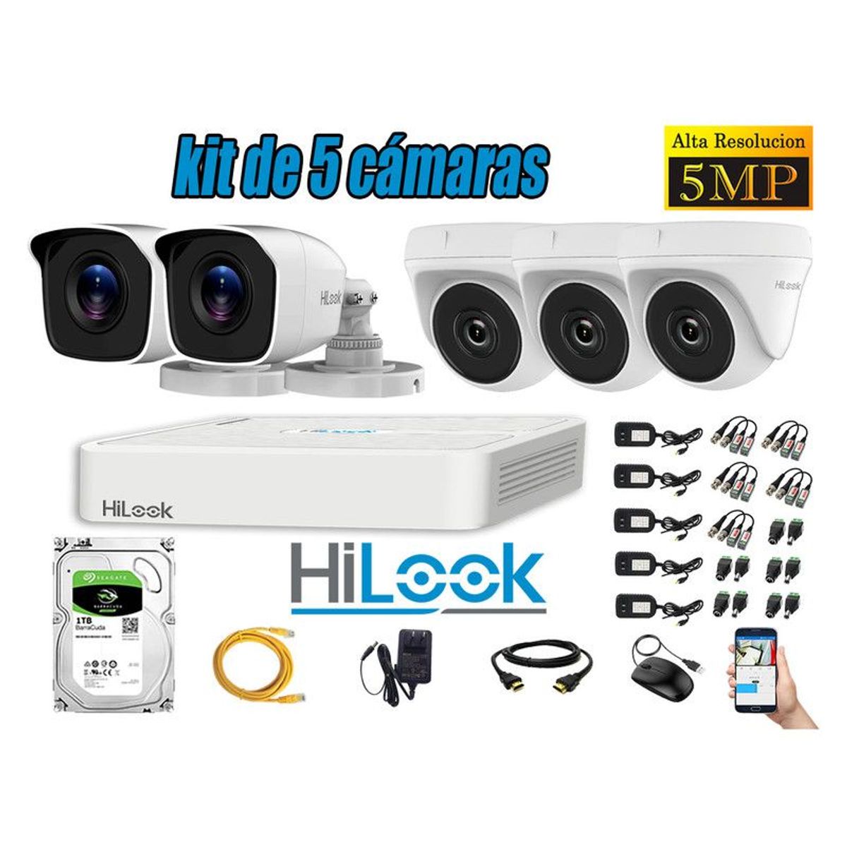 HILOOK - CÁMARAS DE SEGURIDAD KIT 5  5MP + DISCO 1TB HDMI P2P