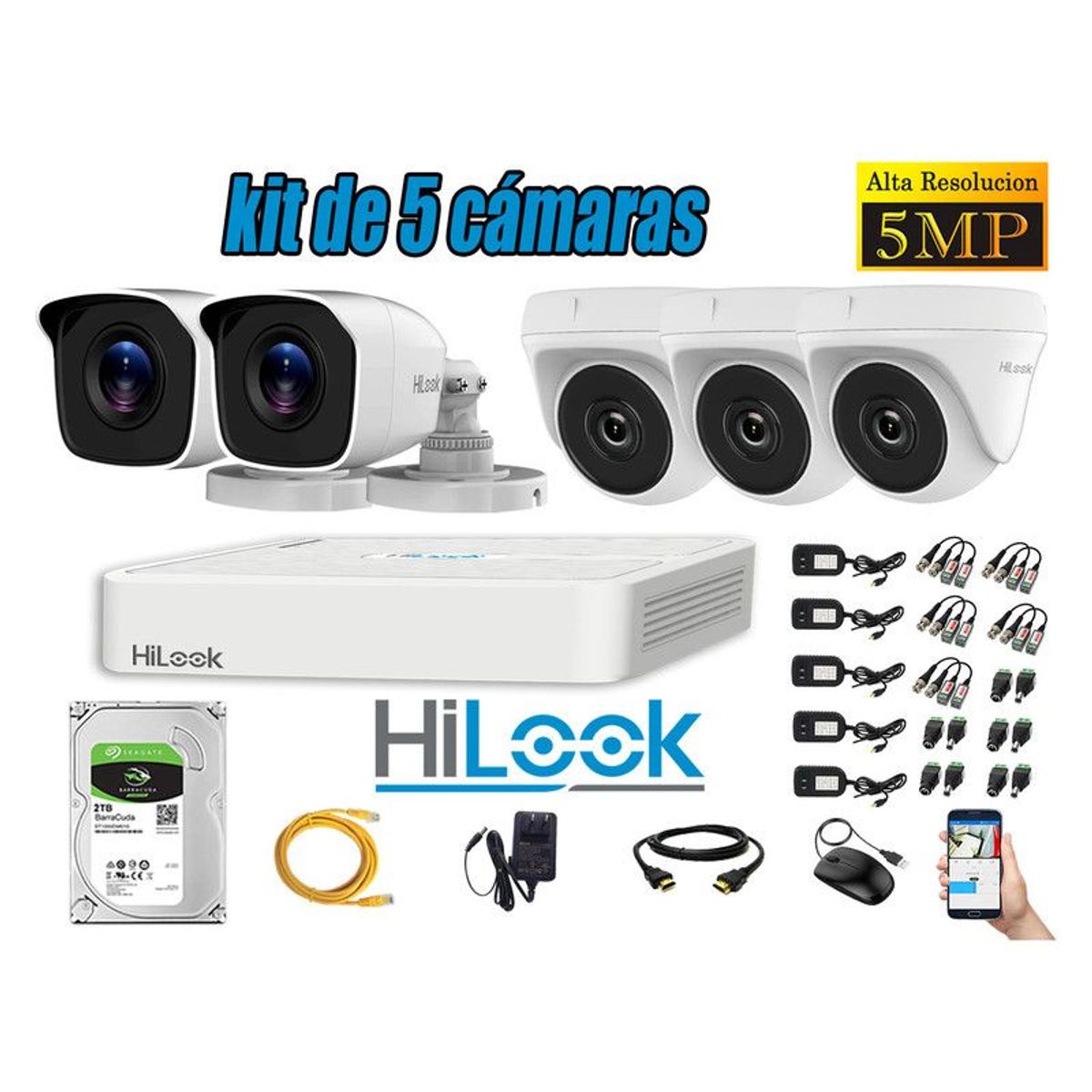 HILOOK - CÁMARAS DE SEGURIDAD KIT 5  5MP + DISCO 2TB HDMI