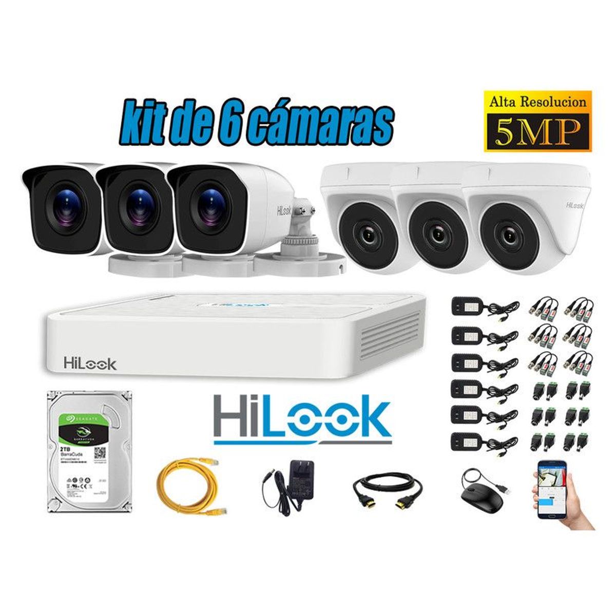 HILOOK - CÁMARAS DE SEGURIDAD KIT 6  5MP + DISCO 2TB HDMI P2P