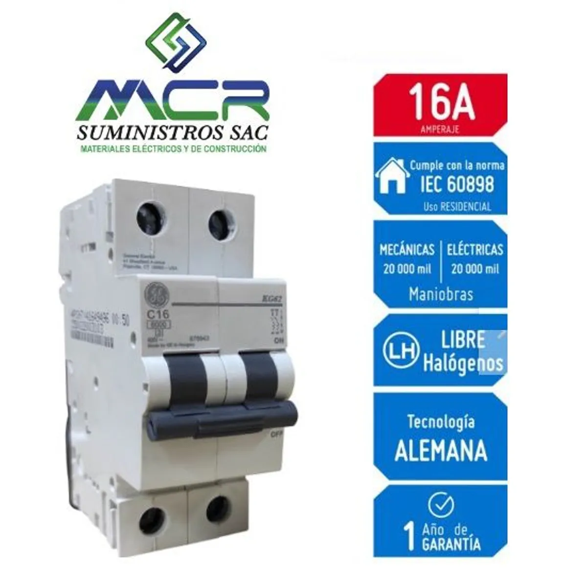 GENERAL ELECTRIC - INTERRUPTOR TERMOMAGNETICO RIEL DIN 2X16 AMP 230V 6KA GENERAL ELECTRIC