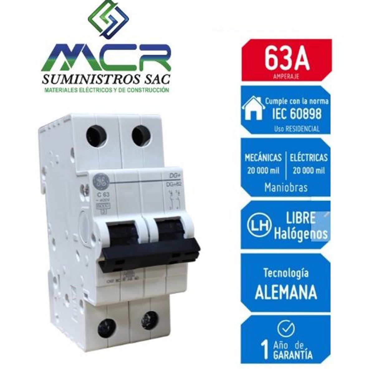 GENERAL ELECTRIC - INTERRUPTOR TERMOMAGNETICO RIEL DIN 2X63 AMP 230V 6KA GENERAL ELECTRIC